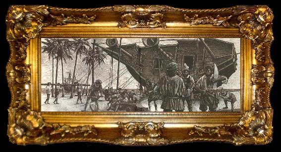framed  unknow artist Pa its flush travel to India Vasco da Gama ashore pa Africa ostkust in order to repair vessel, ta009-2